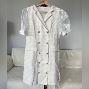 Tweed Double-Breasted Jacket Dress with Sheer Puff Sleeves – White & Gold Pastel